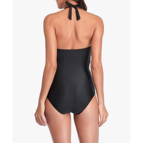 Women's Black Swimsuit Small Deep V-Neck Halter Backless Ruching One Piece - Picture 2 of 6